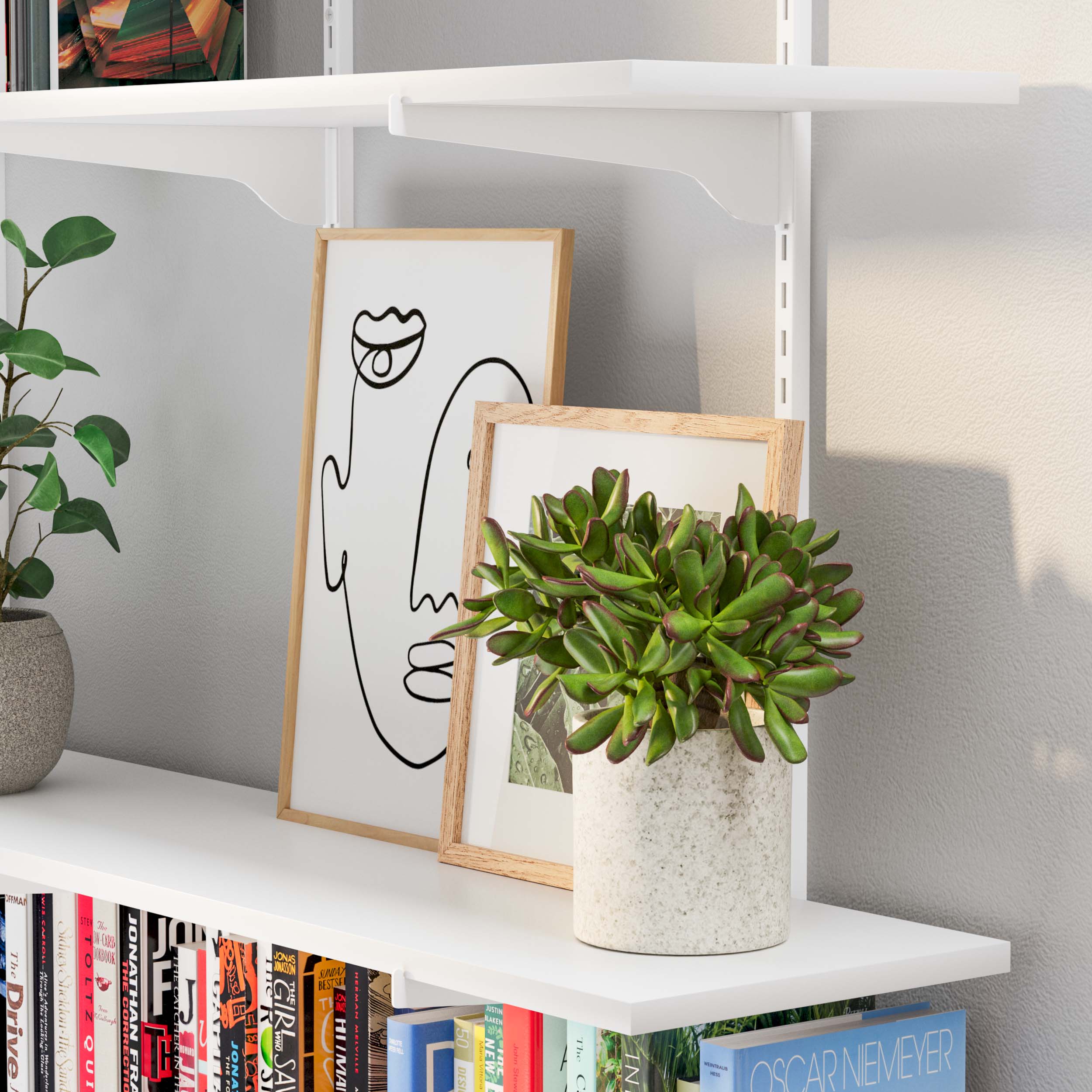 Close-up of a white shelf with a modern line-art face drawing and a potted succulent.