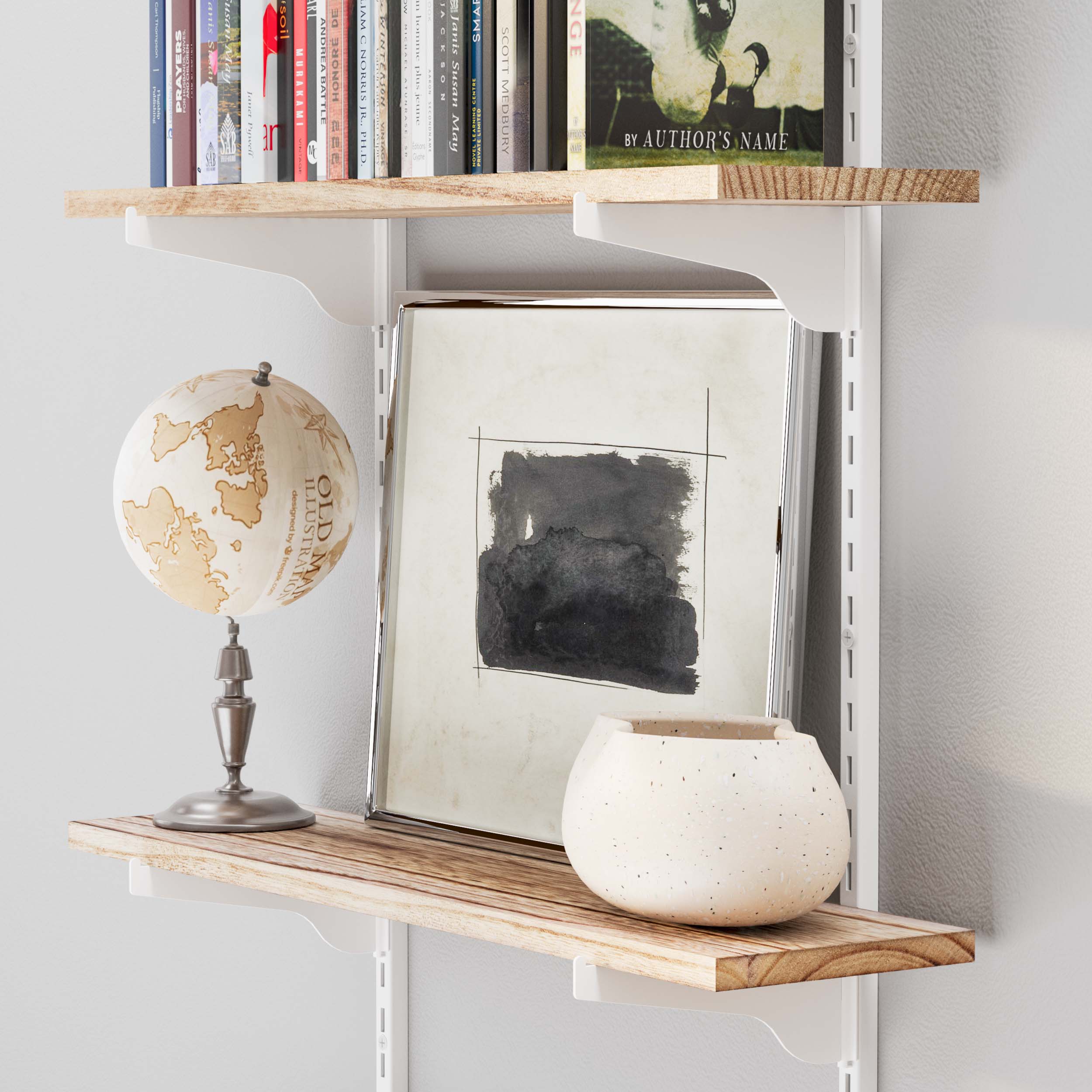 A close-up of adjustable floating shelves with a globe, books, and a ceramic vase against a textured wall.