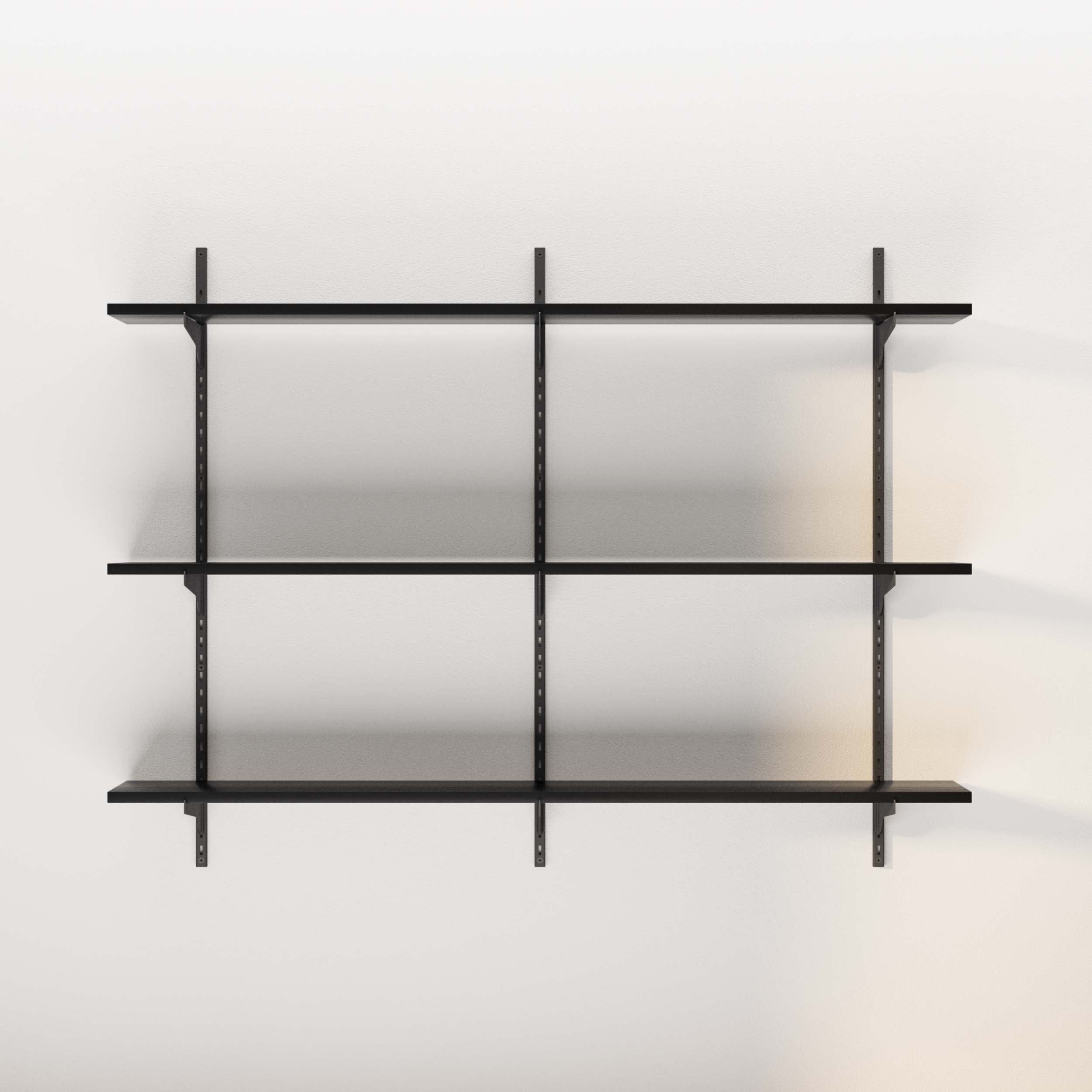 Empty black shelves against a white wall, modern and minimalistic design.