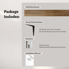 Hardware package of solid wood board, metal brackets (2 or 3 based on board size), plastic anchors, screws, and an instruction manual. Clear layout to show exactly what comes in the box.
