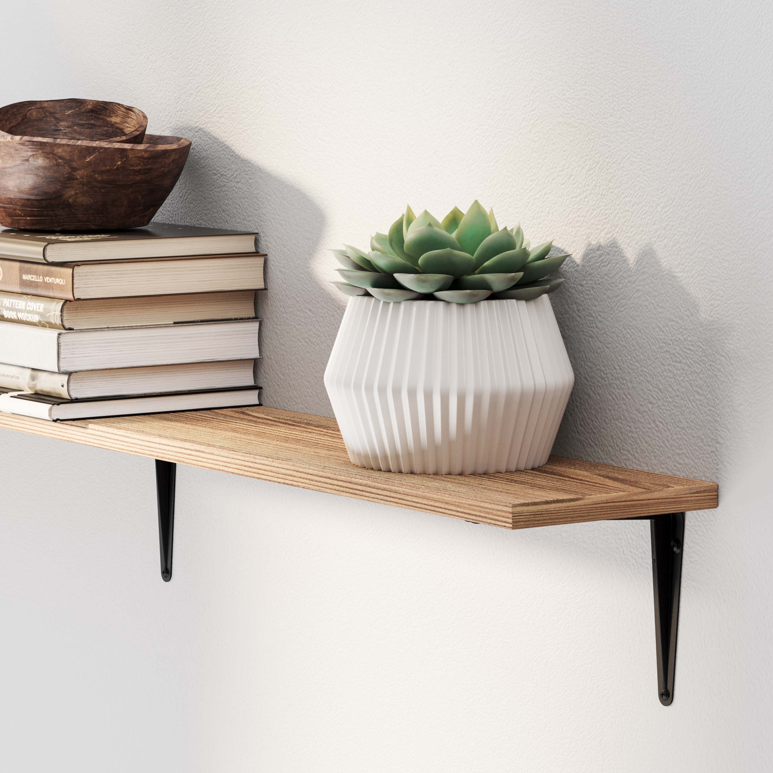 Floating shelf with a stack of books and a succulent in a decorative pot, creating a cozy corner.