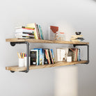 60'' floating pipe shelves burnt color filled with books, decor, and office supplies.