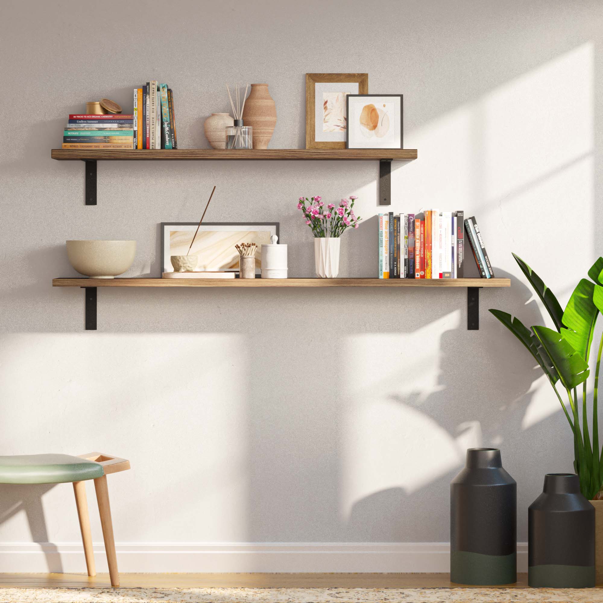 Two wooden boho shelves decorated with books, vases, and picture frames, emphasizing their stylish and minimalist design. The bright room and natural light create a cozy aesthetic.