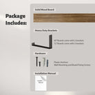 Package details including a solid wood board with 60 and 72 inch long options, heavy-duty brackets, necessary hardware, and an installation manual for easy assembly.