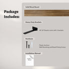 A visual breakdown of the product package, including a solid wood board, heavy-duty brackets, screws, and an installation manual. Highlights product quality and easy installation.