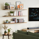 Floating shelves above a TV, filled with books, plants, and framed photos, blending practicality and decorative charm in a living room decor.