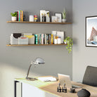 Two rustic wood shelves equipped with books, plants, and office supplies, positioned above a modern desk. Designed to maximize storage while maintaining an aesthetic look.