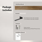 A product package visualization displaying a solid wood board, sturdy brackets, anchors, screws, and an installation manual for user-friendly assembly.