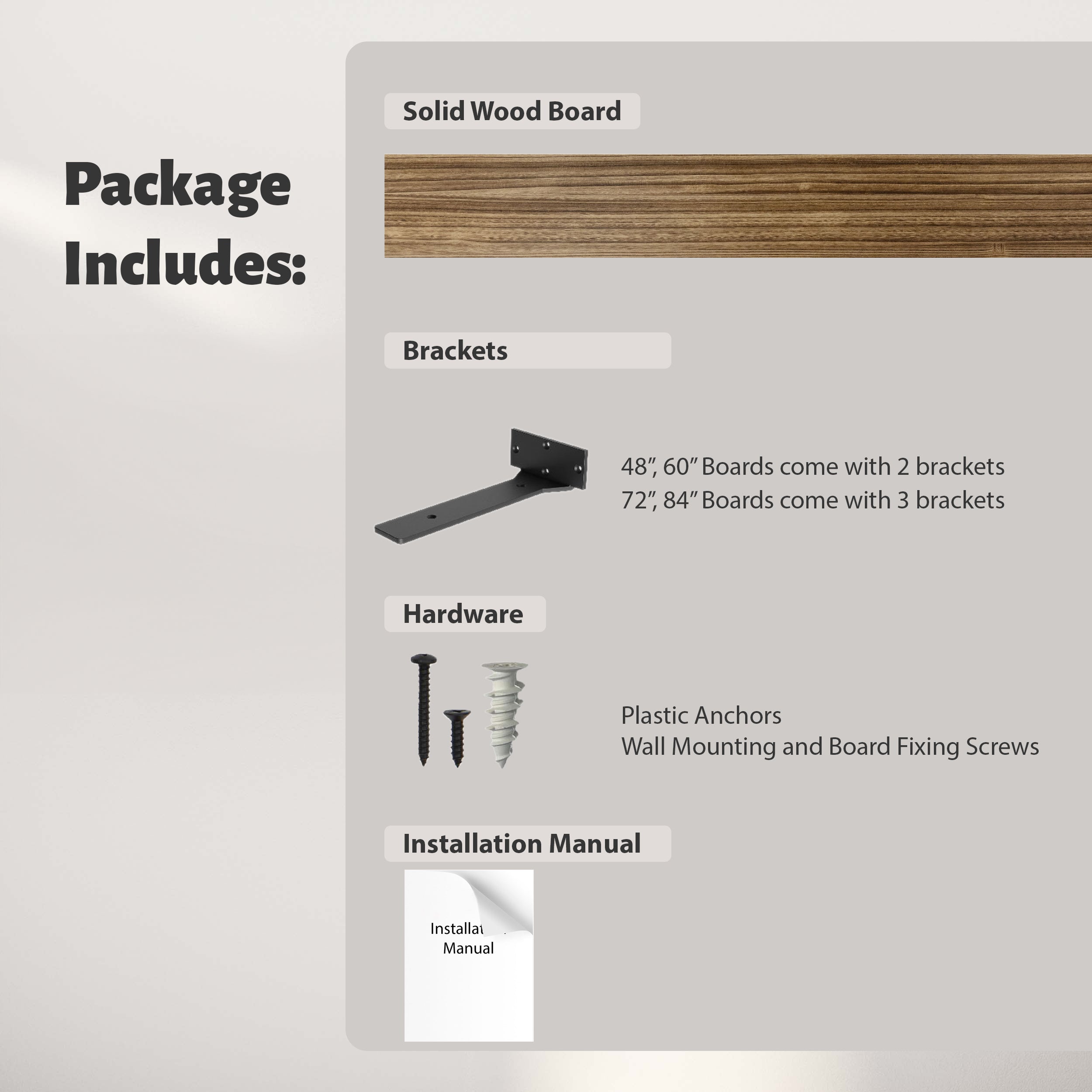 A product package visualization displaying a solid wood board, sturdy brackets, anchors, screws, and an installation manual for user-friendly assembly.