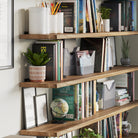 Tiered rustic shelf, highlighting books, storage baskets, and decor for an organized and aesthetic home solution.