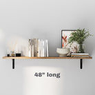 A single 48 inch rustic wall bookshelf with neatly arranged books and frames and plant. Clean and modern, suitable for minimalistic interiors with ample space for wall decor.