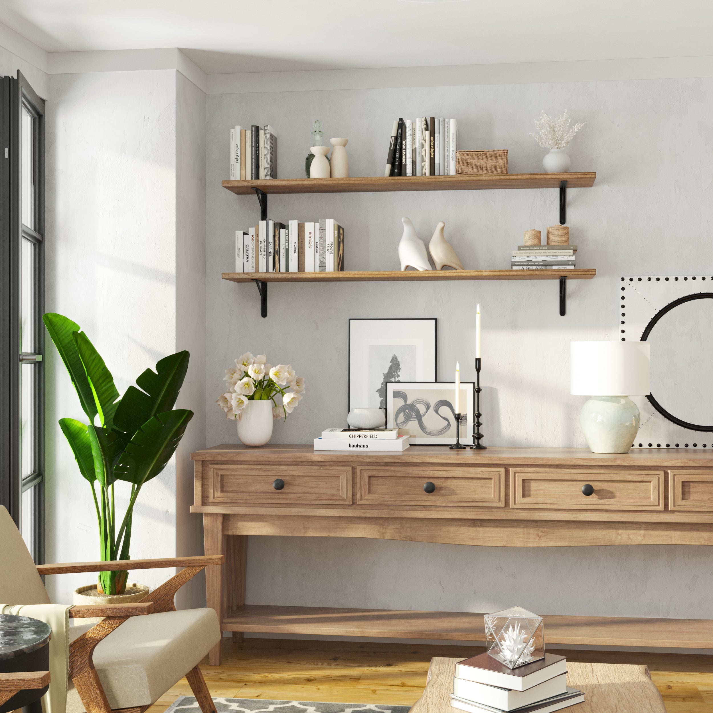 Two wooden living room shelves with wall mount setup in a living room, styled with books and decorative accents, adding a modern touch.