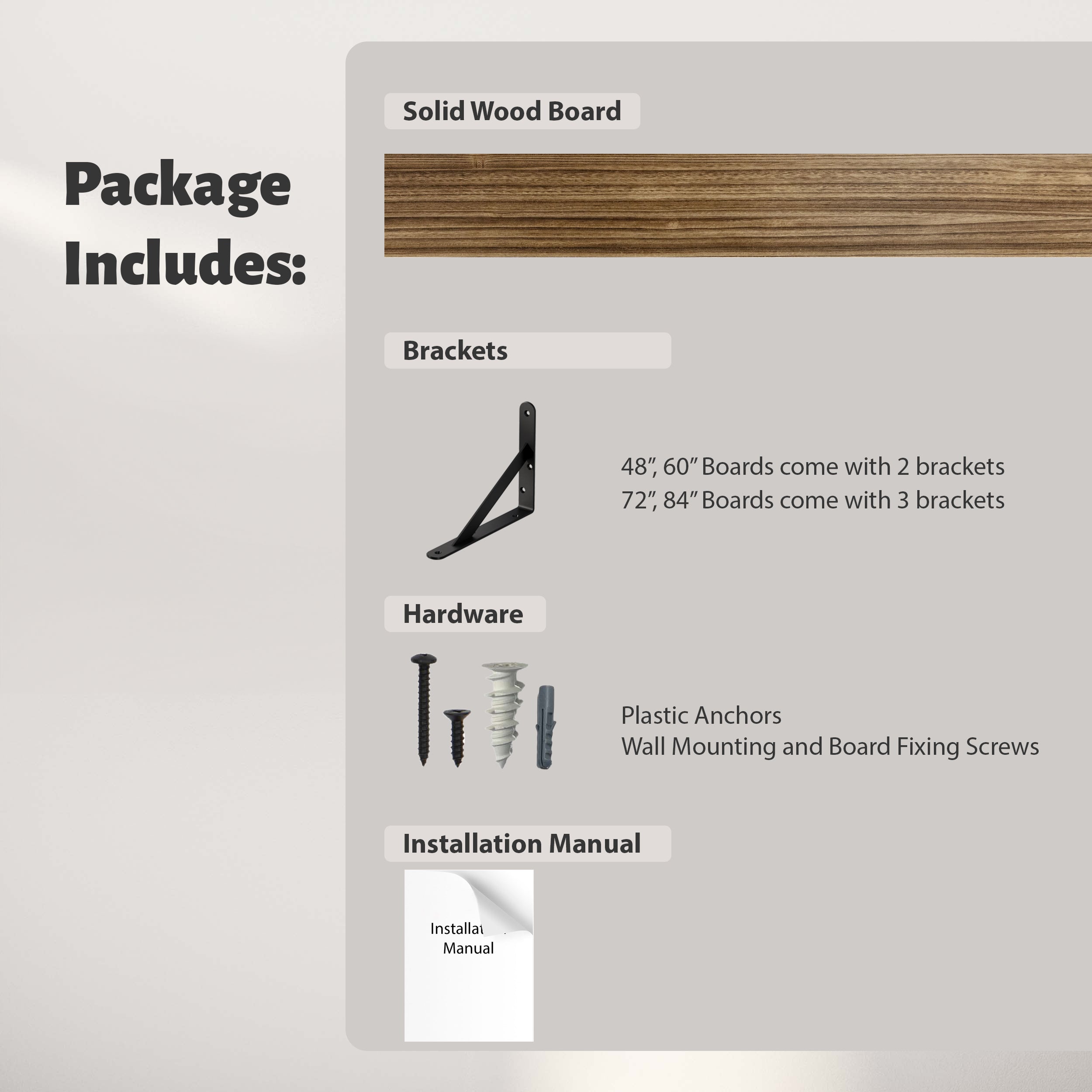 A package contents list for a wall shelf set. It includes a solid wood board, metal brackets (2 for 48"/60", 3 for 72"/84"), hardware like screws and anchors, and an installation manual.