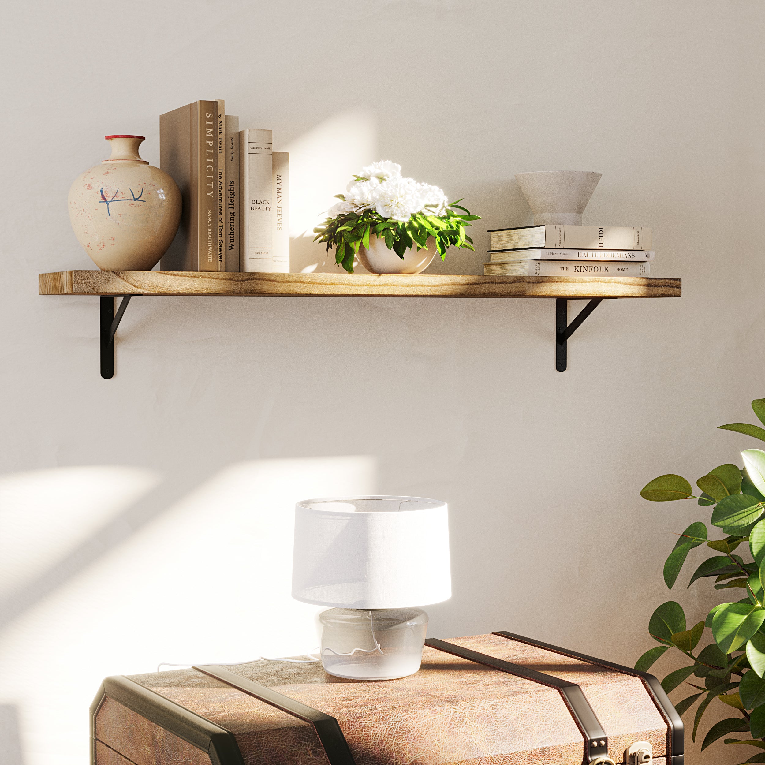 A cozy wall bookshelf featuring books, a potted plant, and a vase, mounted with black metal brackets. Styled for a charming bedside or entryway display.