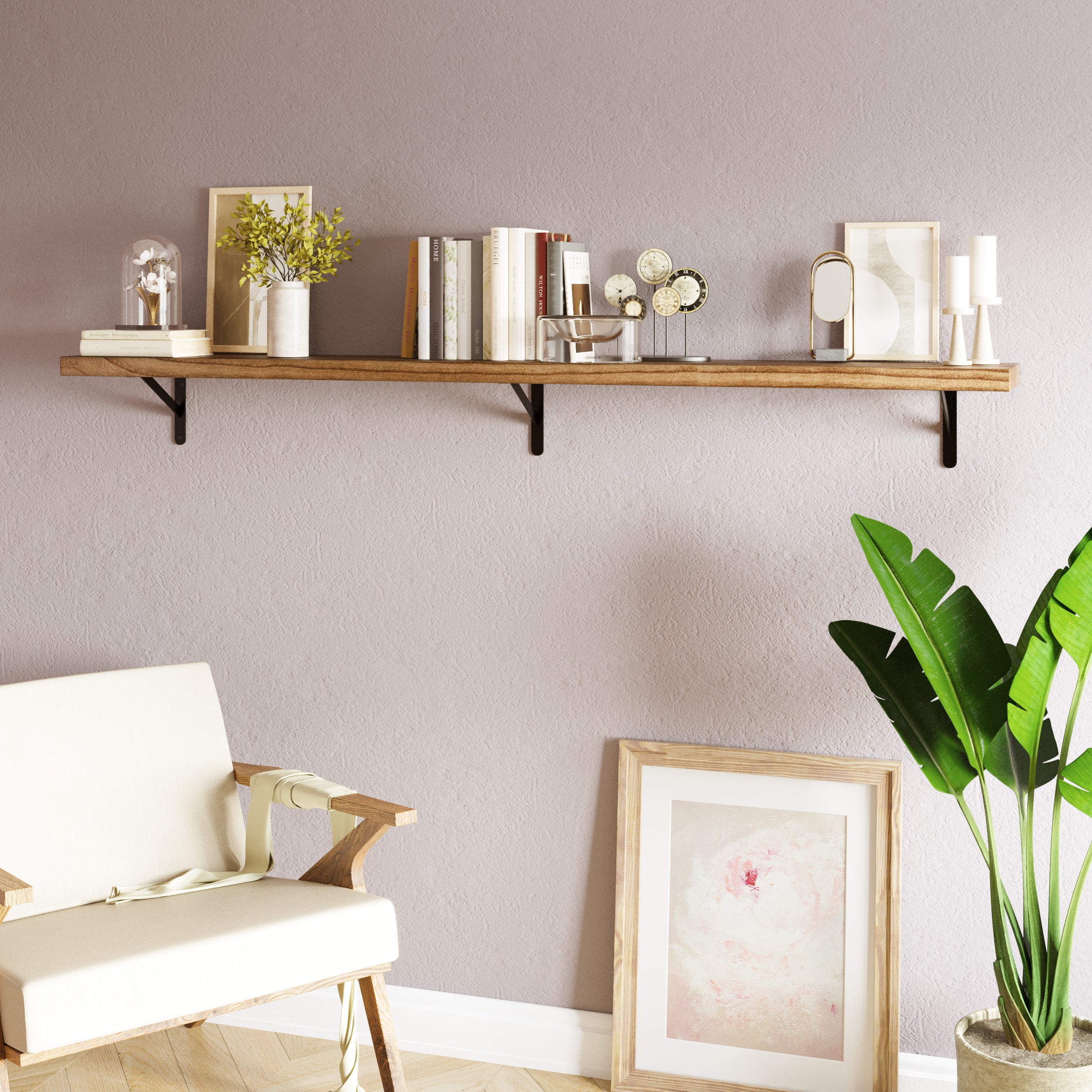 A single 72" wall bookshelf for living room decor styled with books, candles, and minimalistic decor. Ideal for a serene, contemporary vibe, perfect for reading nooks or quiet corners.