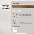 Package includes a solid wood board, heavy-duty rectangular brackets (2 for 48"/60", 3 for 72"/84"), screws with plastic anchors, and an installation manual—everything needed for a secure and stylish wall shelf install.