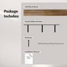 Package includes a solid wood shelf, concealed metal brackets, installation screws, and a manual. Highlights the clean look and sturdy build of floating shelves.