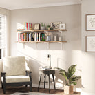 Nest living room with armchair, long living room shelves, and decor