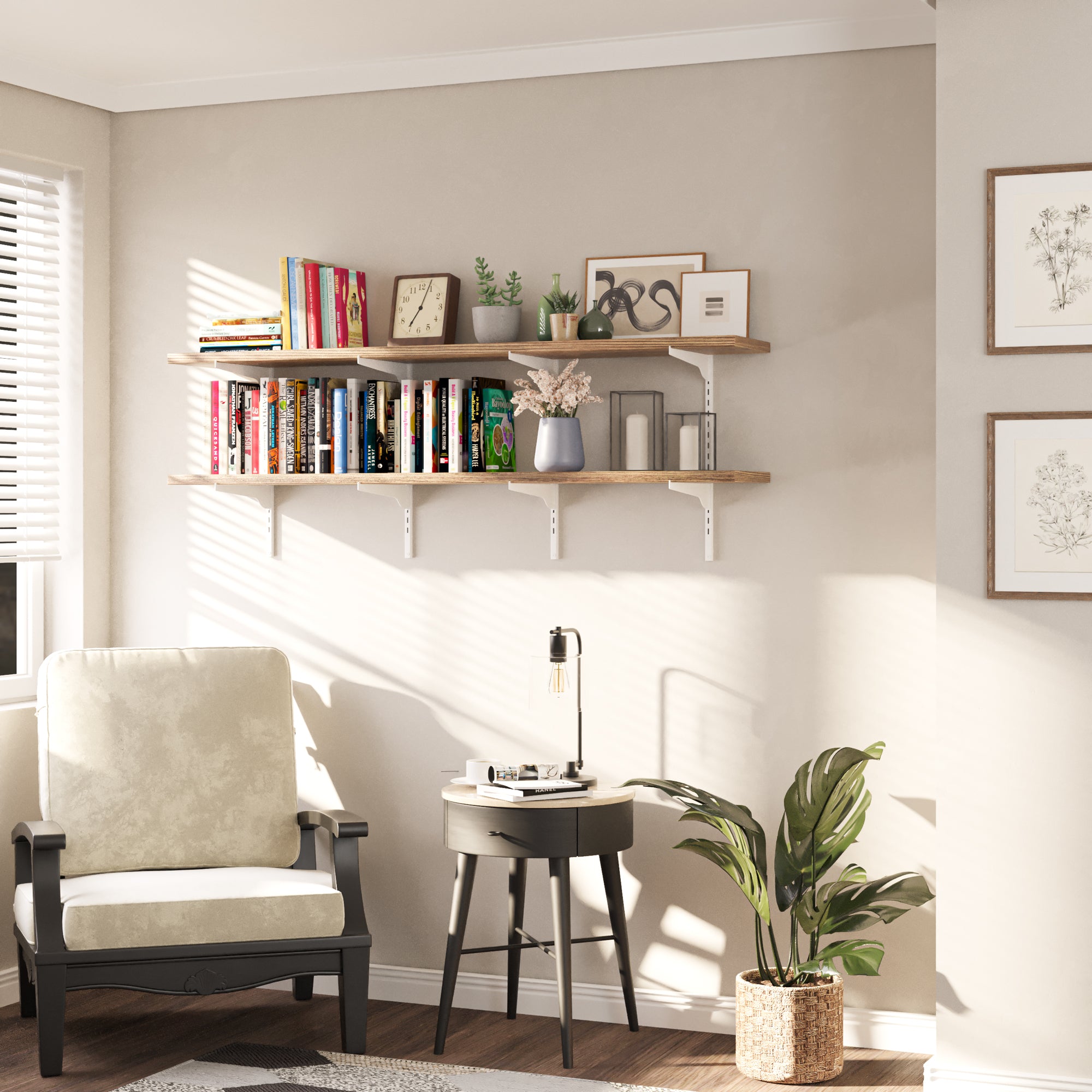 Nest living room with armchair, long living room shelves, and decor