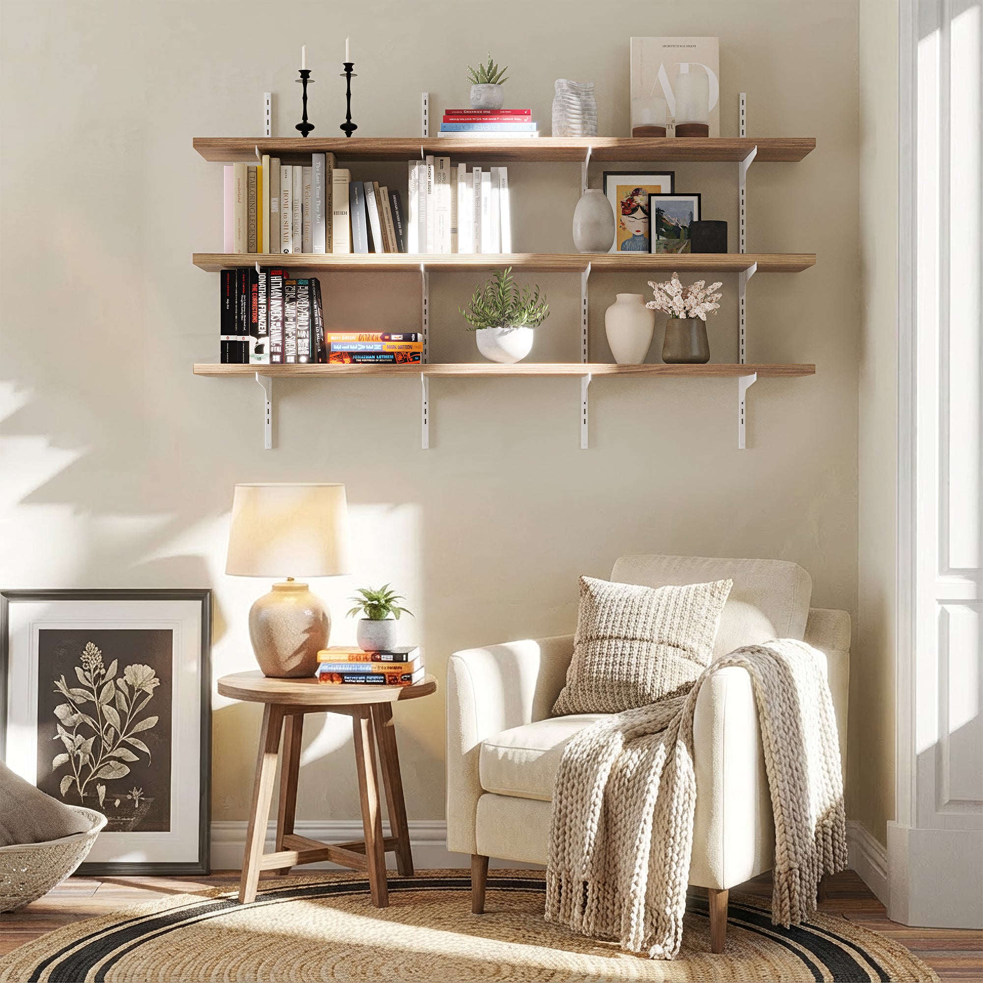 Living room with a white armchair, hanging wall book shelves, and decorative items.