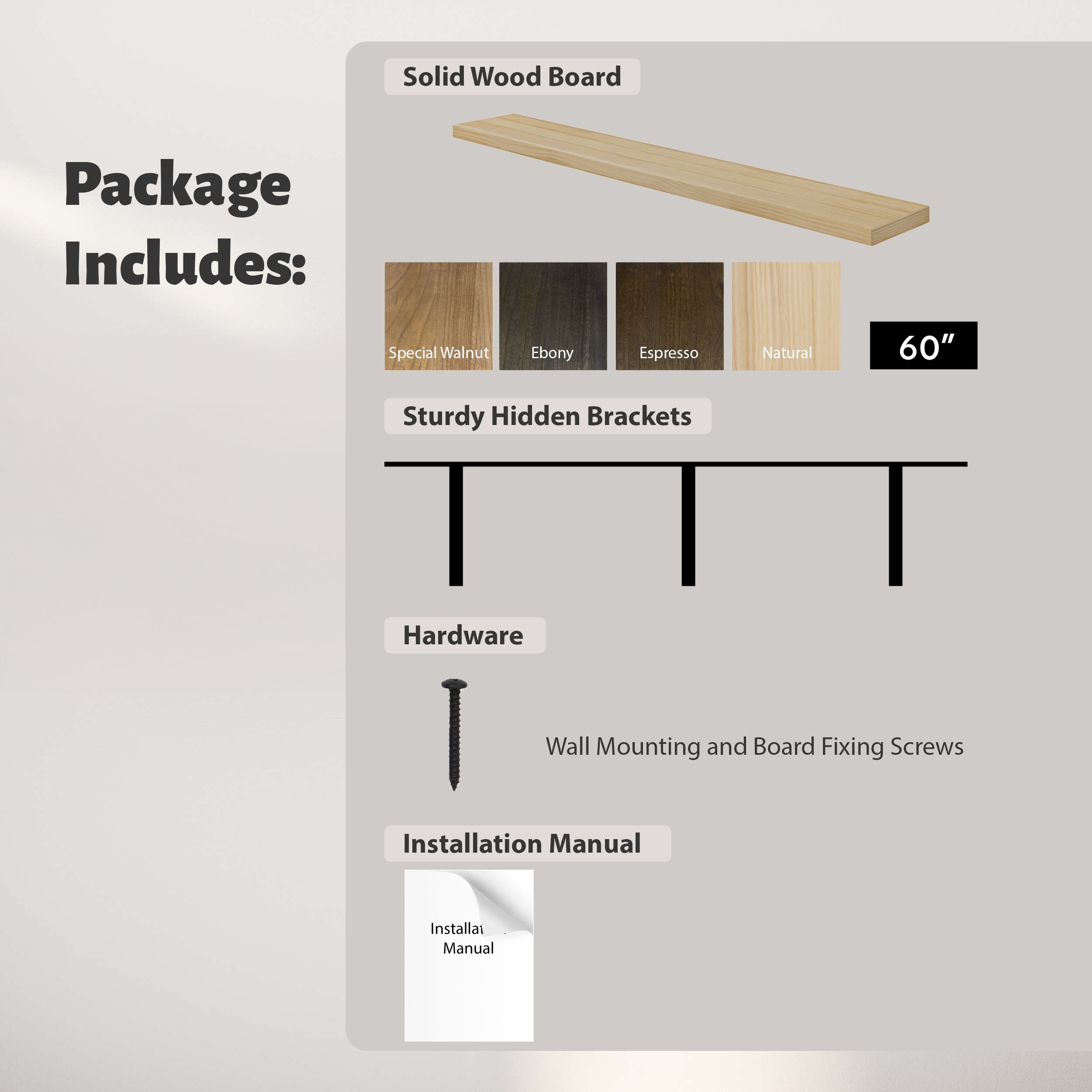The full hardware package: solid pine wood board (with four color options), hidden metal brackets, wall mounting hardware, and installation manual—ensuring a complete setup experience.