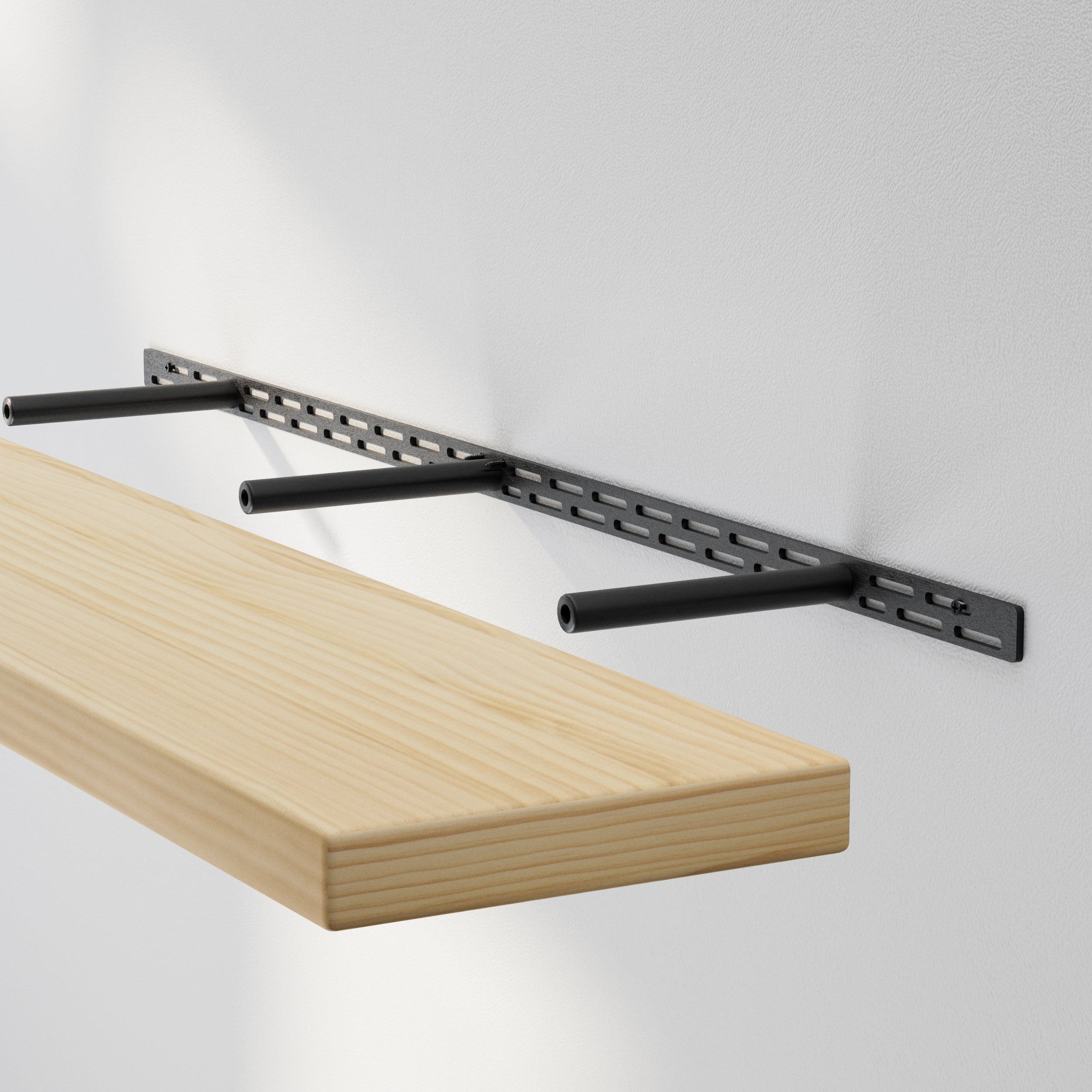 Hidden mounting bracket system demonstrates the shelf’s solid build and easy installation—highlighting the strong black metal support and natural wood grain of the board.