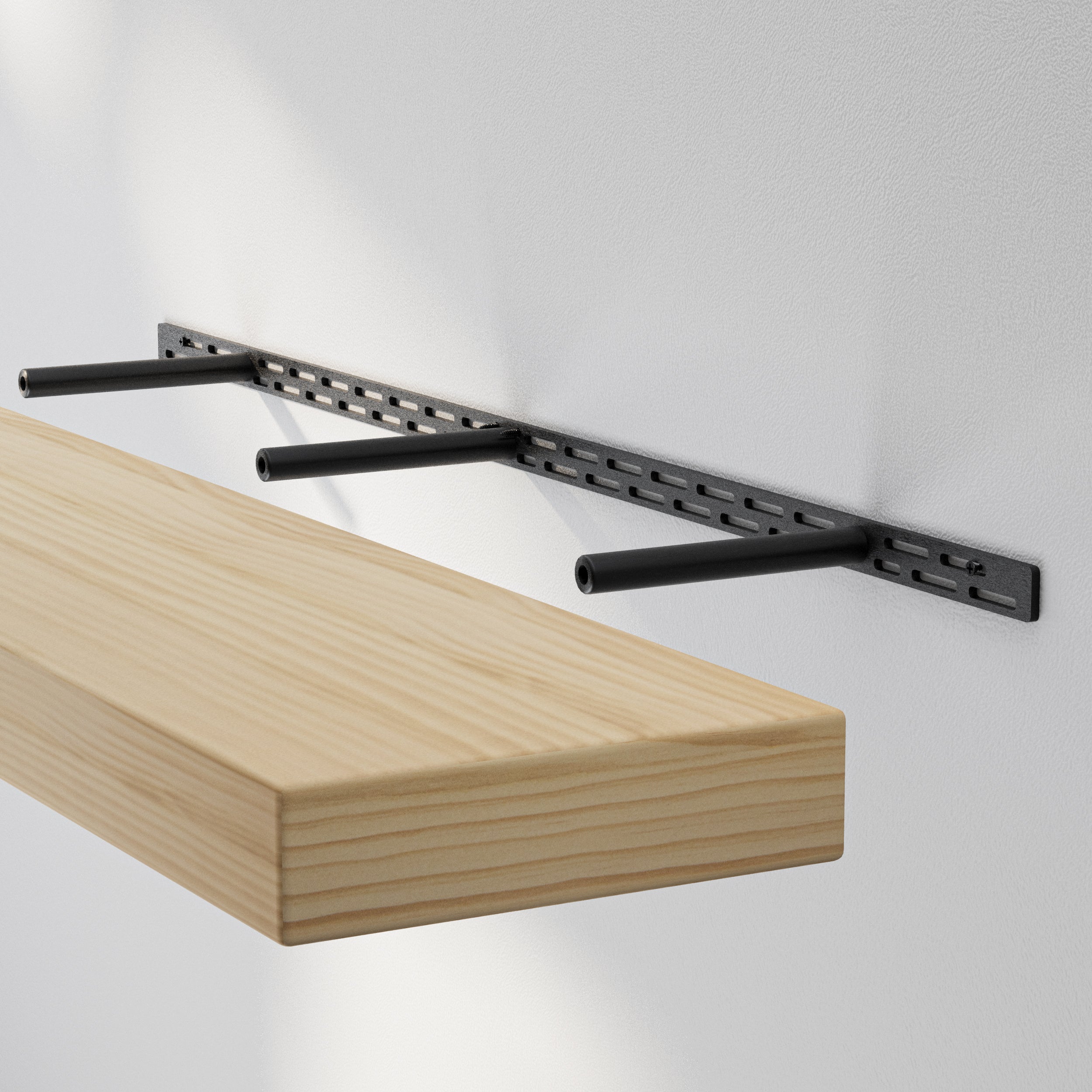Hidden bracket shelf's hidden bracket system showcases its solid support structure and clean, floating appearance with a light natural wood finish.