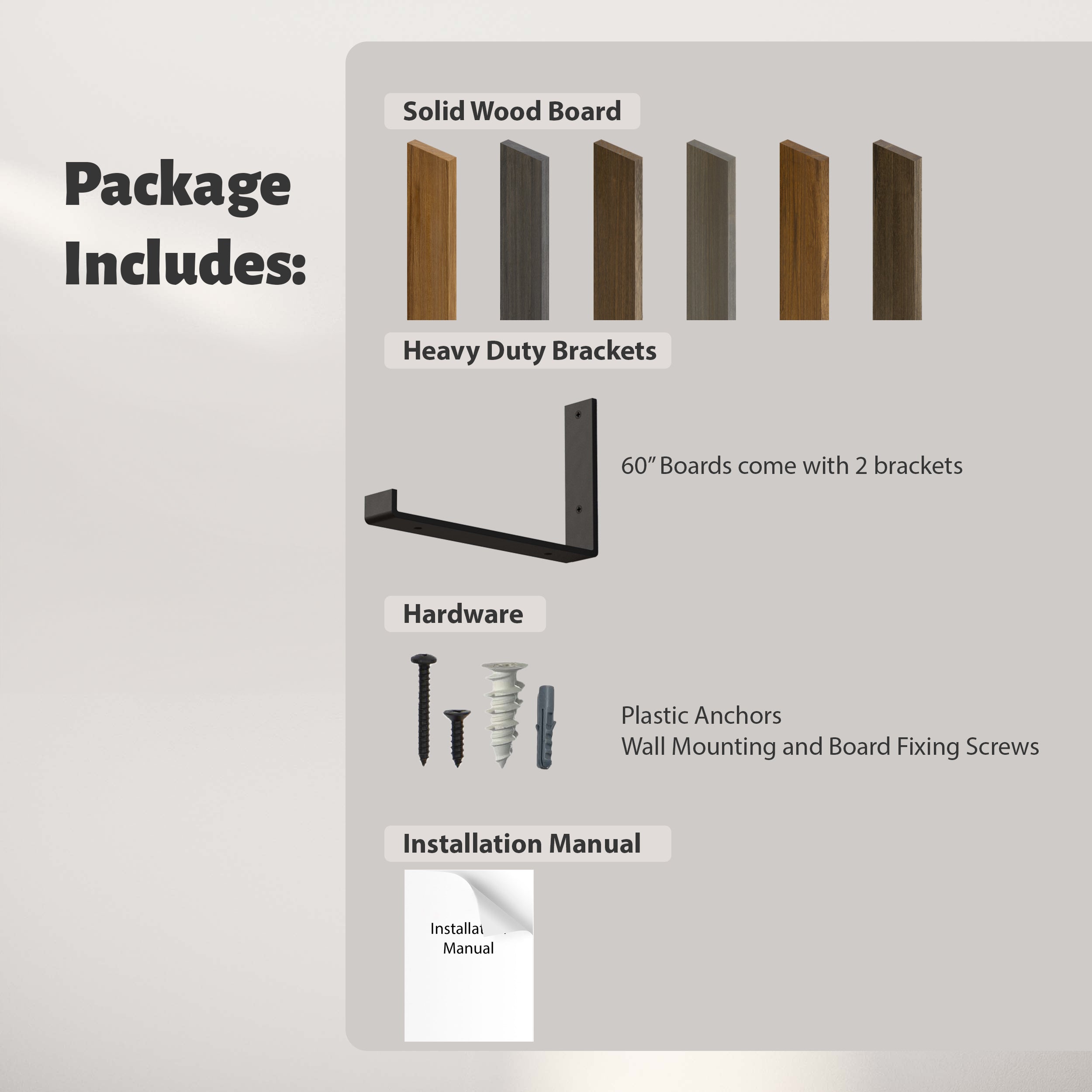 A package description showcasing components for a shelf setup: solid wood boards in various finishes, heavy-duty brackets for 60" boards (2 included), plastic anchors, screws for wall mounting, and an installation manual.