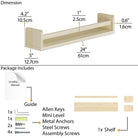 Detailed dimension diagram of the natural wood wall shelf, showing measurements: 24" width, 4.2" height, and 5" depth. The package includes an installation guide, Allen keys, metal anchors, steel screws, and assembly screws.