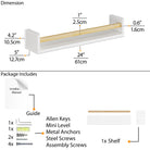 Detailed dimension diagram of the white wall shelf with natural wood rod, showing measurements: 24" width, 4.2" height, and 5" depth. The package includes an installation guide, Allen keys, metal anchors, steel screws, and assembly screws.