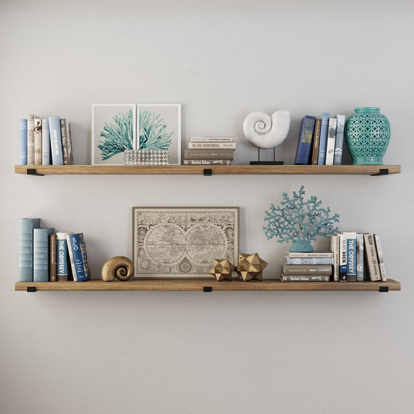 FORTE 72"x 9.8" Floating Shelves for Wall Decor, Living Room Book Shelf for Wall, and Rustic Wood Wall Shelves - Burnt