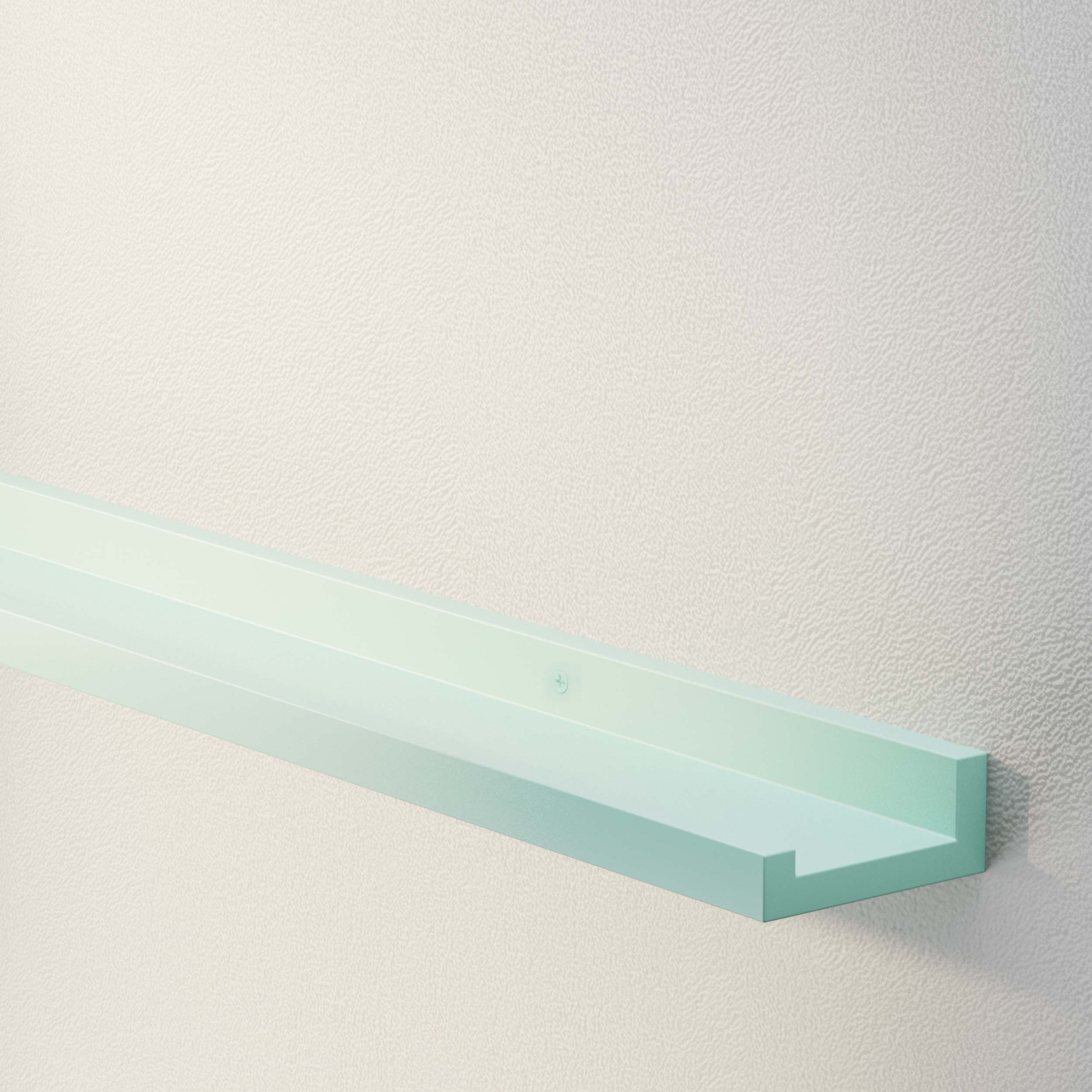 A single wall display shelf mounted on a wall in a "Refresh Turquoise" color. The color is a soft, pastel turquoise, giving the shelf a light and airy appearance. The design is simple and minimalistic, suitable for various room styles, particularly in spaces where a calm and refreshing color is desired.