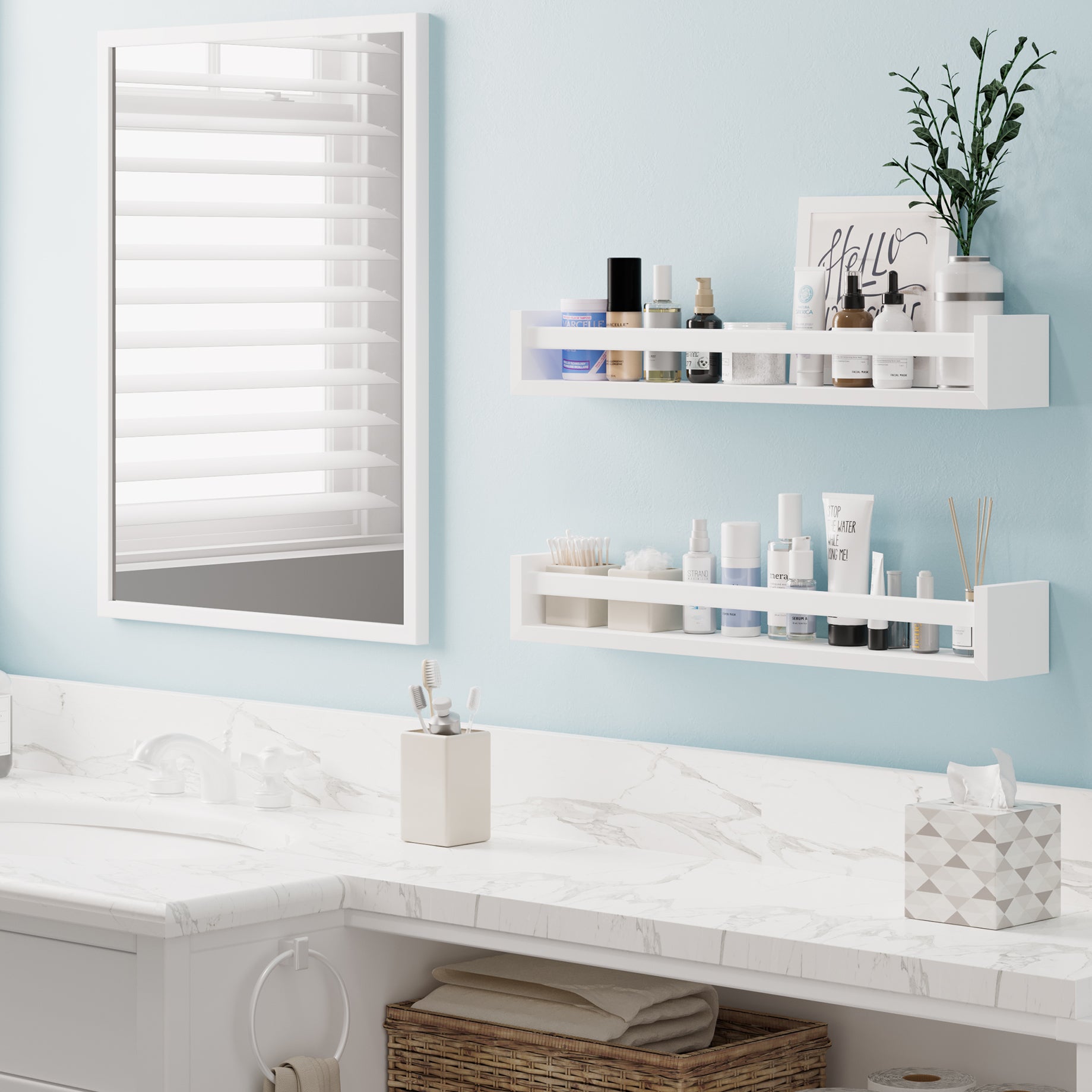 Two white organizer shelves for bathroom with natural wood rods in a bathroom setting, holding skincare products and decor items. Mounted on a light blue wall above a marble countertop, creating an organized and elegant space.
