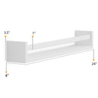 Detailed dimension diagram of the white bookshelf wall mounted with natural wood rod, showing measurements: 24" width, 4" height, and 3.5" depth. Provides precise dimensions for accurate installation and usage.