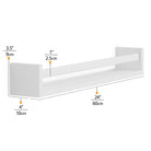 Detailed dimension diagram of the white bookshelf wall mounted with natural wood rod, showing measurements: 24" width, 4" height, and 3.5" depth. Provides precise dimensions for accurate installation and usage.