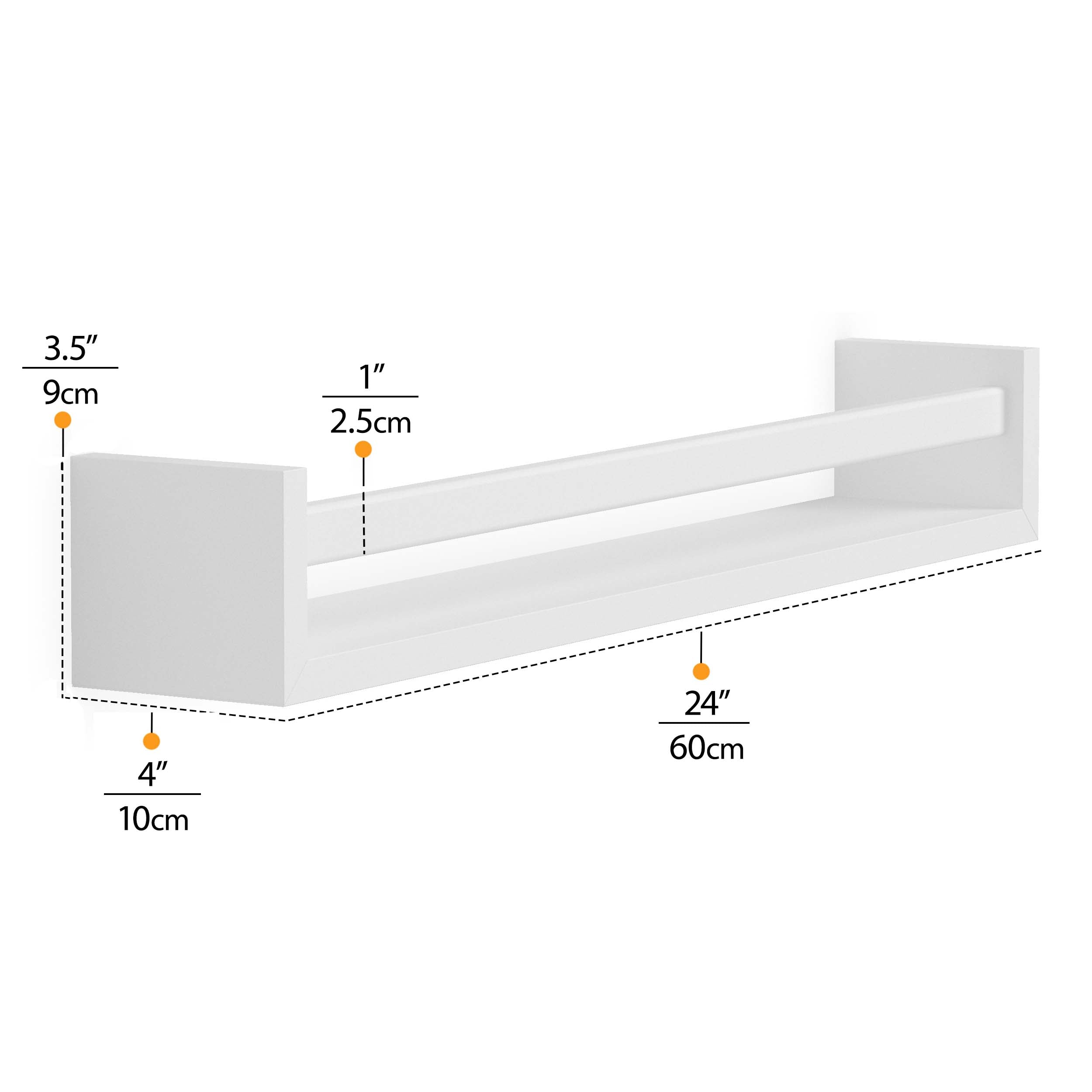 Detailed dimension diagram of the white bookshelf wall mounted with natural wood rod, showing measurements: 24" width, 4" height, and 3.5" depth. Provides precise dimensions for accurate installation and usage.