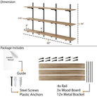 60" long wooden shelves with dimensions and package contents including rail, wood boards, metal brackets, screws, and a guide.
