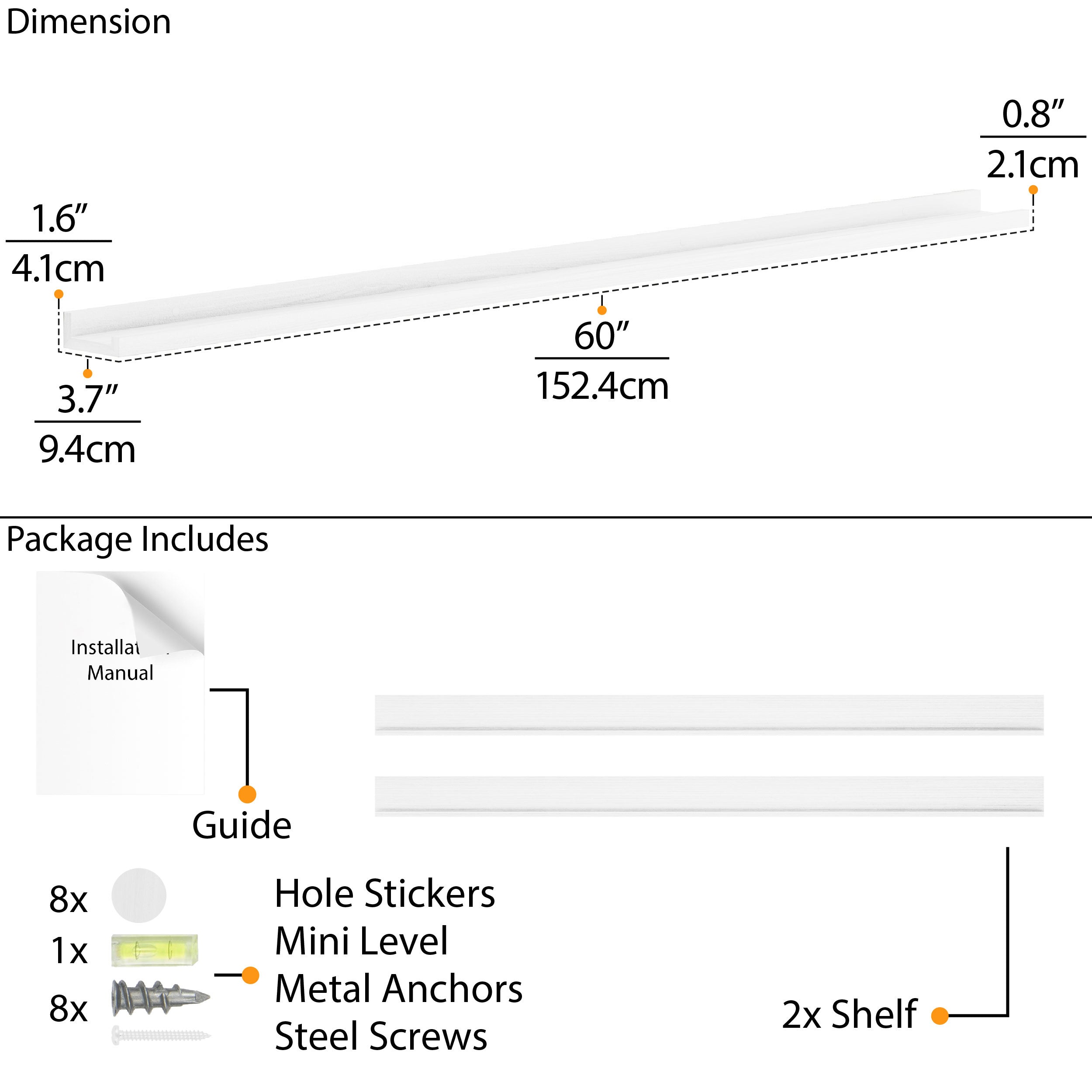 Technical specifications of a 60" wall shelf white, including dimensions and installation materials.