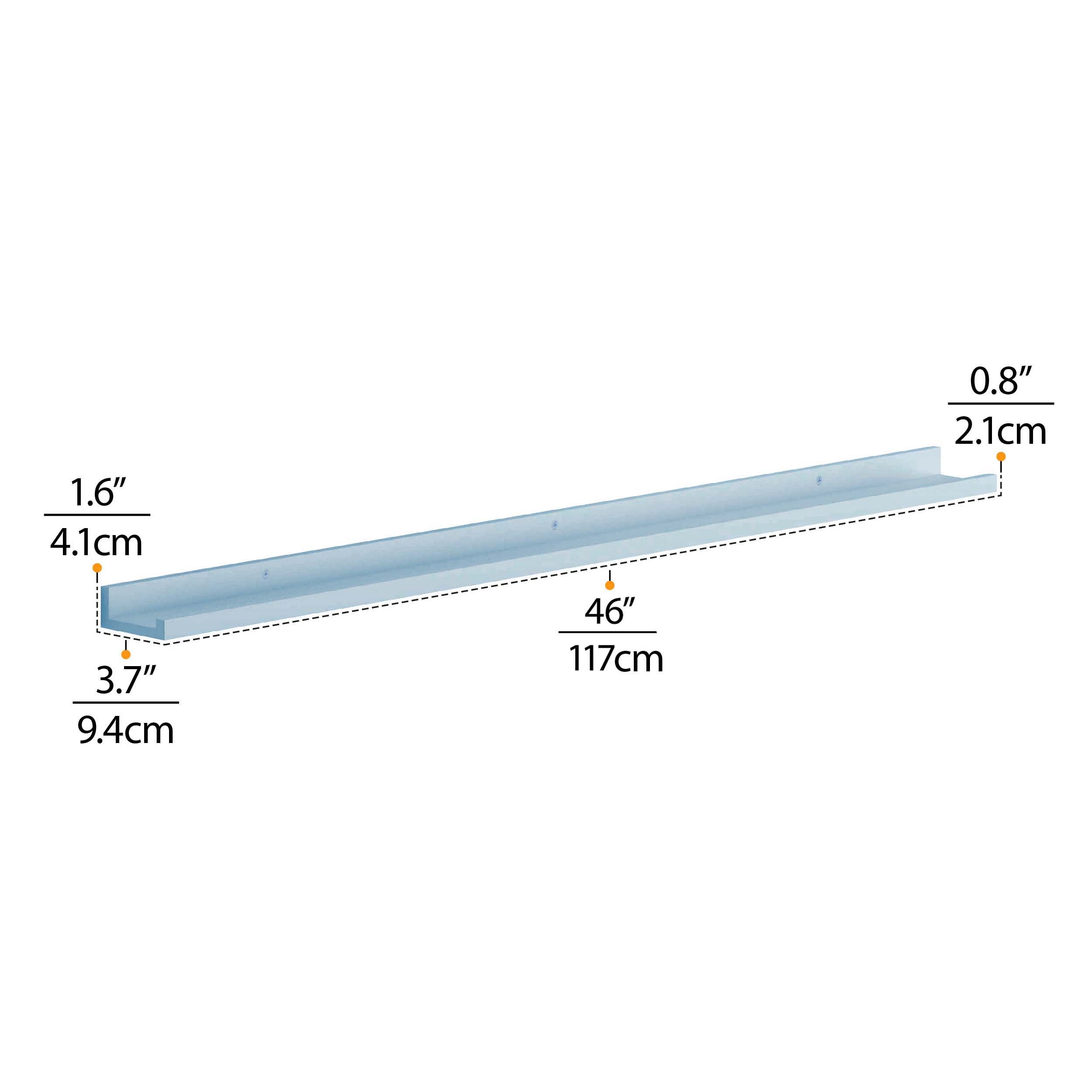 Dimensions of the "Blissful Blue" shelf. The shelf is 46 inches (117 cm) long, 3.7 inches (9.4 cm) deep, and 1.6 inches (4.1 cm) high. It also indicates the thickness of the shelf, which is 0.8 inches (2.1 cm). This information helps customers determine if the shelf will fit in their desired space.