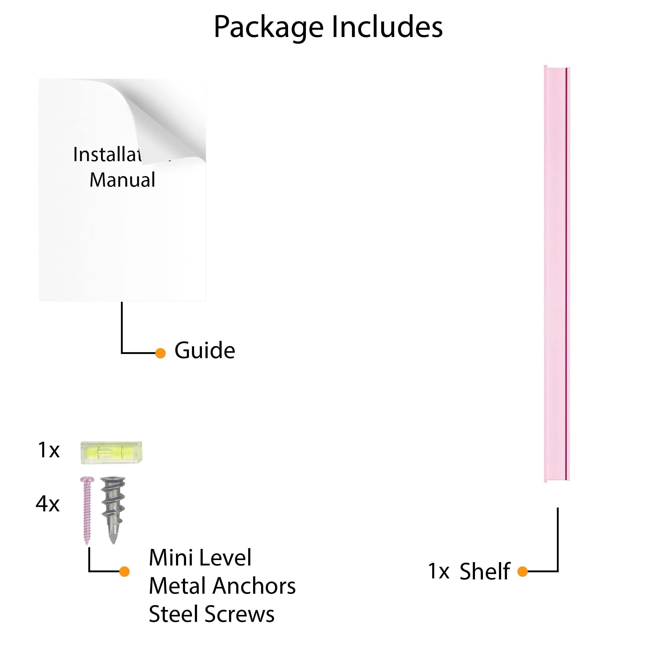 contents included in the package when purchasing the shelf. It shows that the package includes the shelf, an installation manual, hole stickers, a mini-level, metal anchors, and screws. This ensures that buyers are aware of everything needed for installation, facilitating an easy setup process.