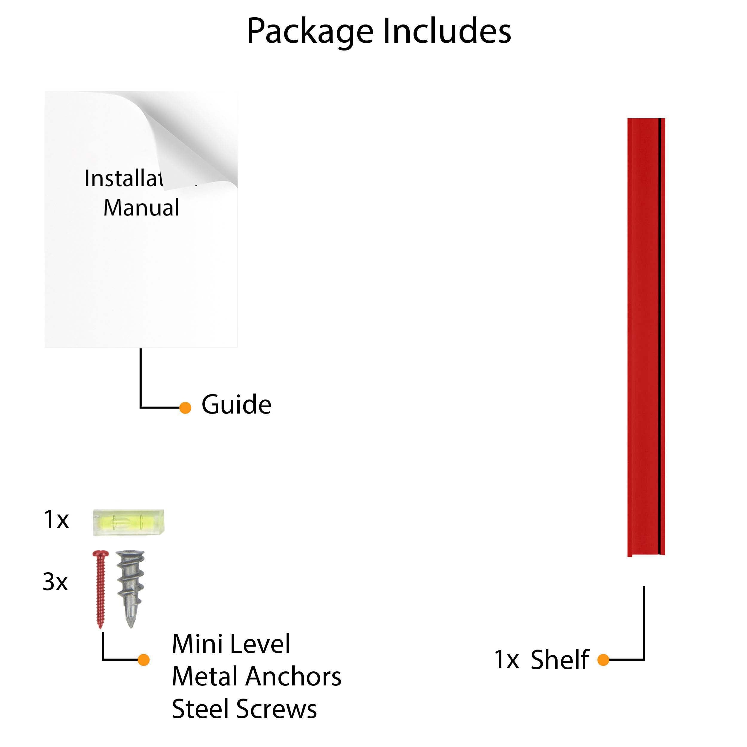 Contents included in the package when purchasing the "Classic Red" shelf. The package includes an installation manual, three metal anchors, three steel screws, a mini level, hole stickers, and the shelf itself. This ensures that customers have everything they need for a hassle-free installation.