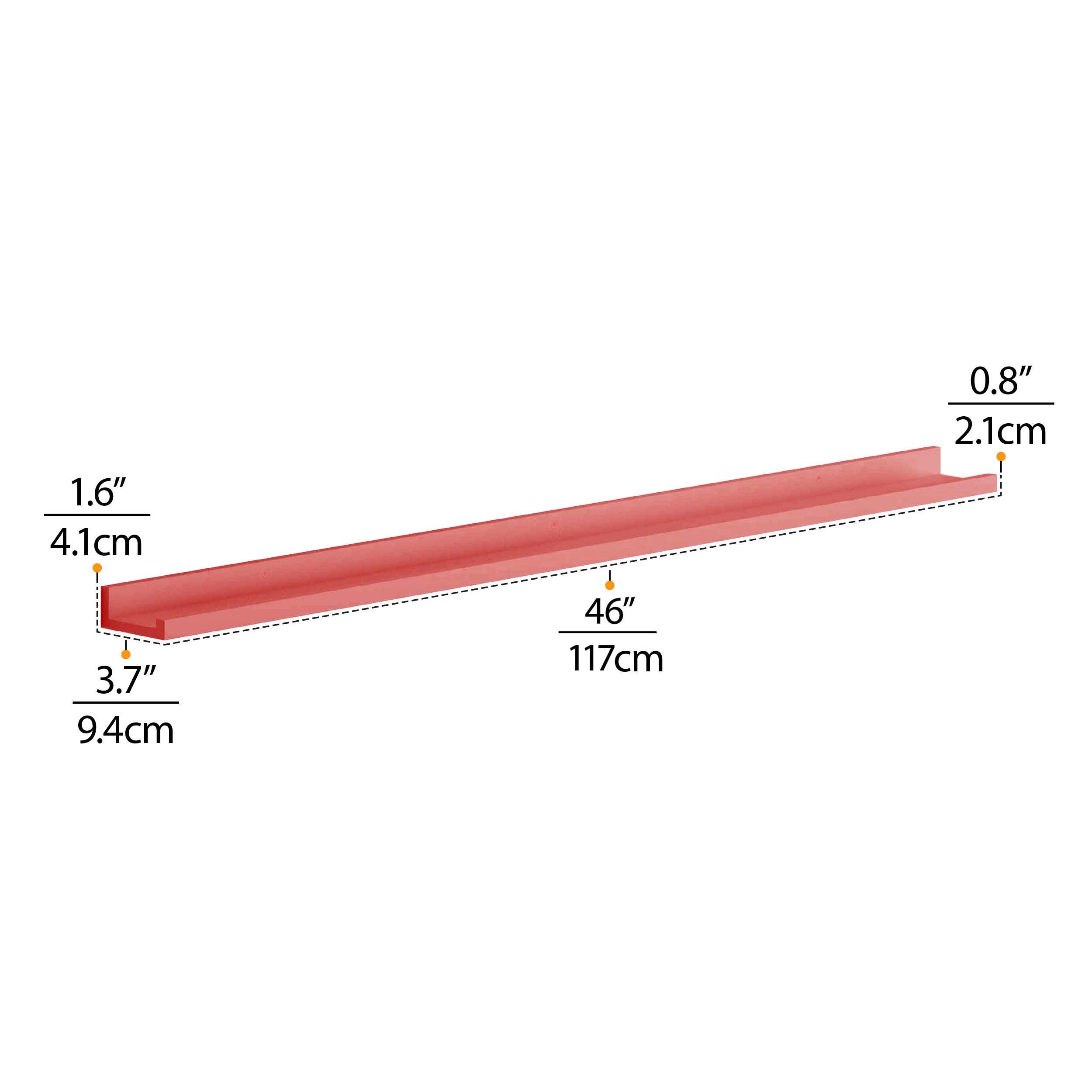 Dimensions of the "Coral Reef" shelf. The floating cute shelf measures 46 inches (117 cm) in length, 3.7 inches (9.4 cm) in depth, and 1.6 inches (4.1 cm) in height. The thickness of the shelf is 0.8 inches (2.1 cm). These dimensions help potential buyers ensure the shelf fits within their desired space and meets their size needs.