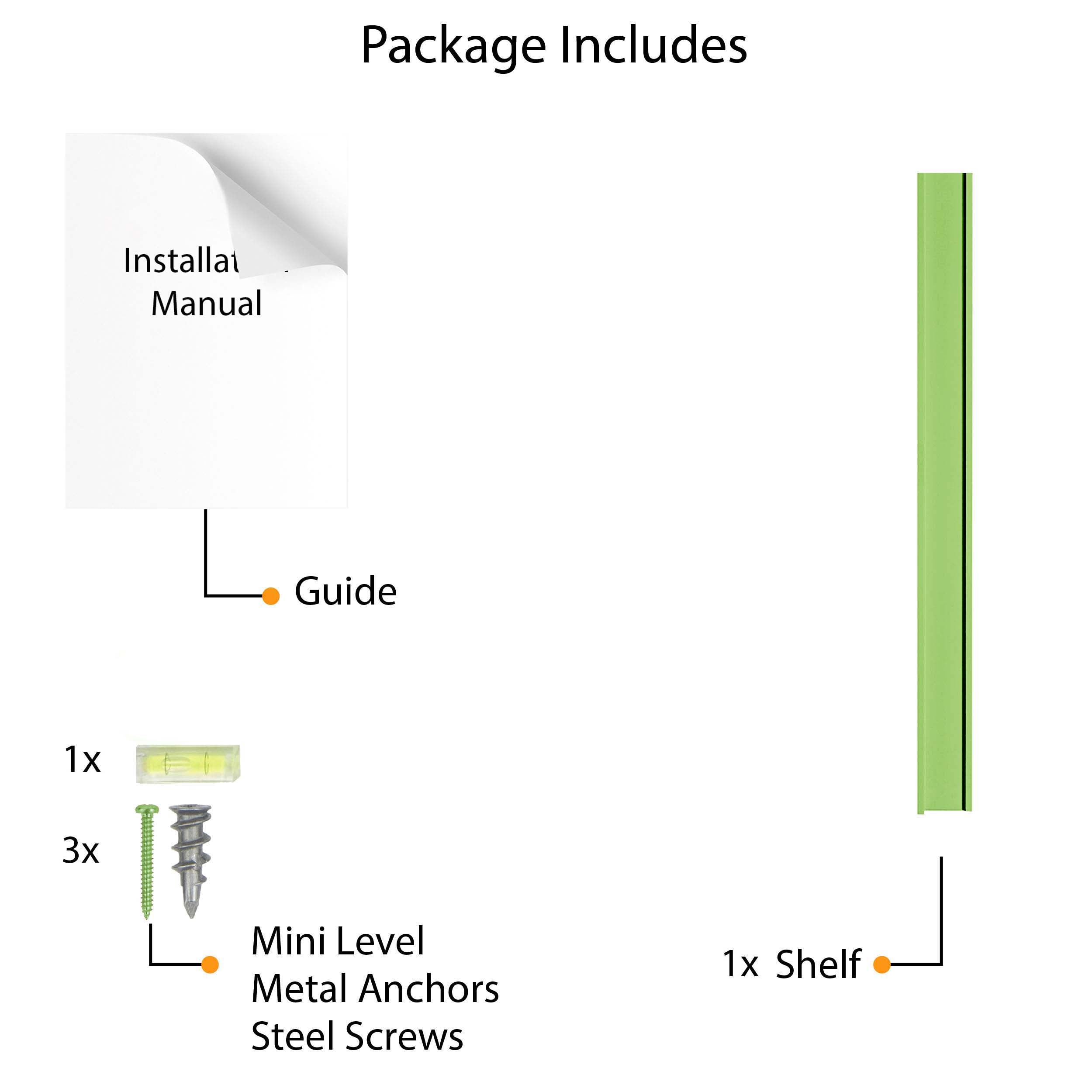 Contents included in the package when purchasing the "Jungle Green" shelf. The package contains an installation manual, three metal anchors, three steel screws, a mini level, hole stickers, and the shelf itself. This ensures that customers have all the necessary components for easy installation.