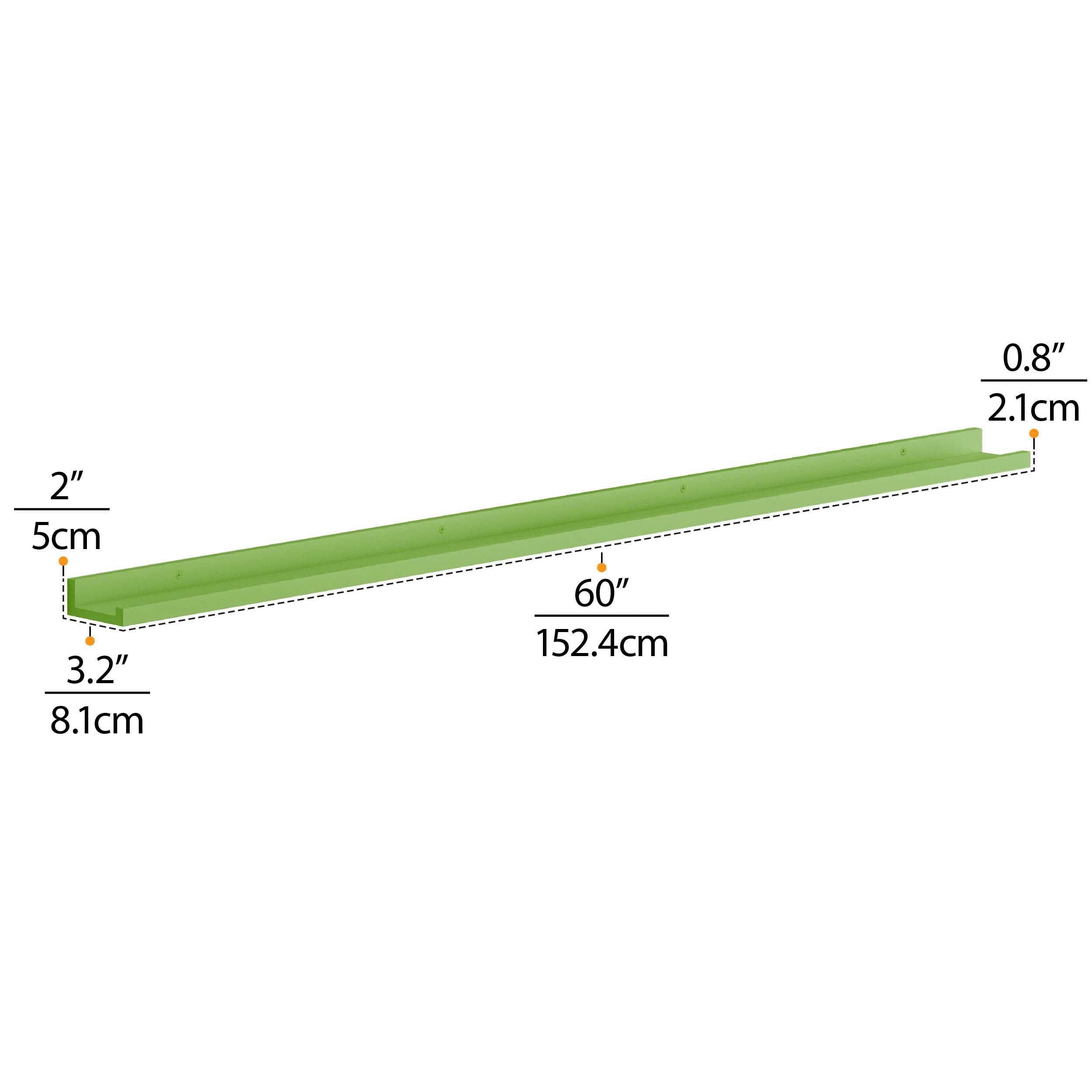 detailed dimensions of the jungle green shelf. The dimensions emphasize the 60-inch length, along with other measurements, all provided in both inches and centimeters, helping customers visualize the size of the shelf in their space.