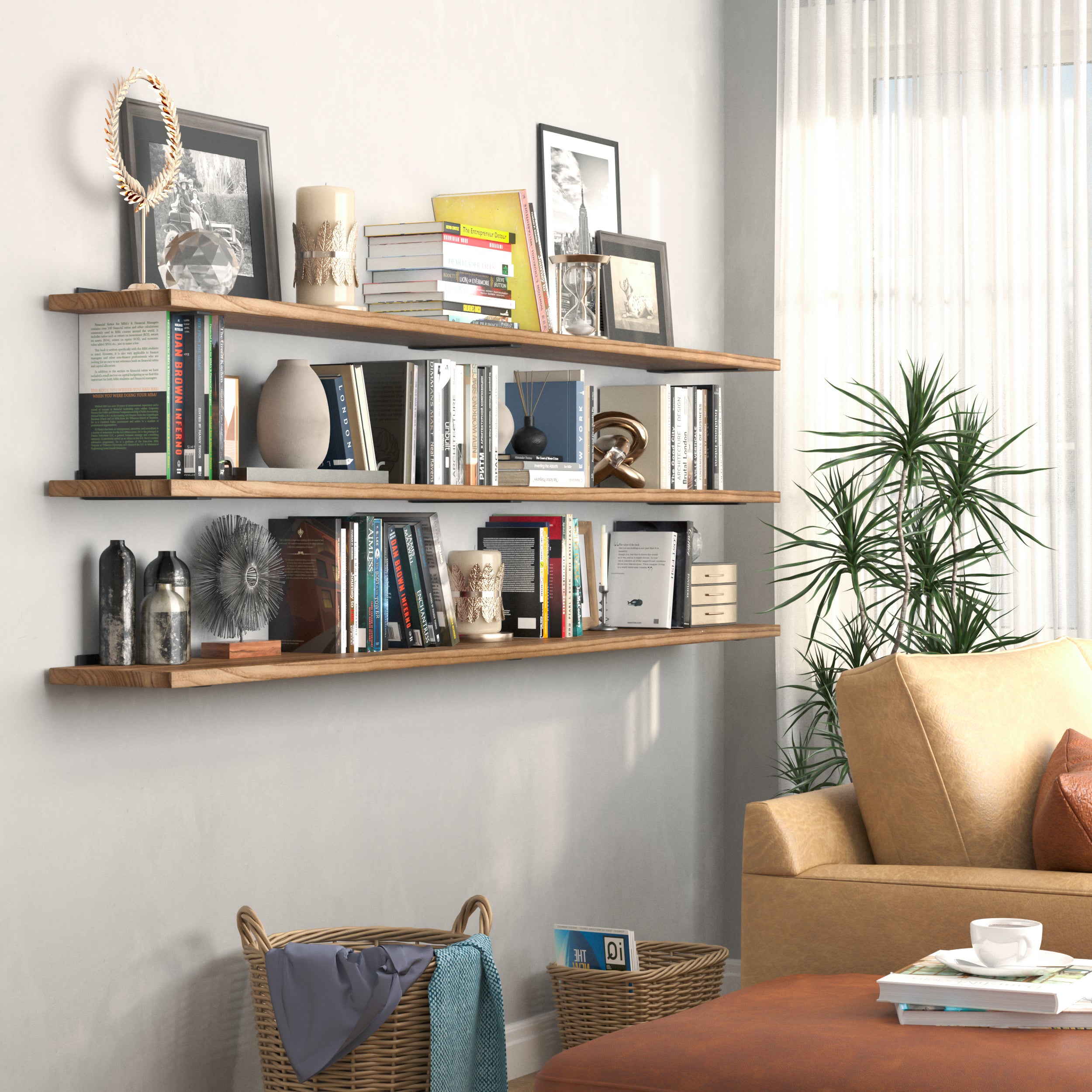 A living room arrangement featuring multi-tiered wooden display shelves adorned with books, vases, and personal decor, ideal for displaying collections.