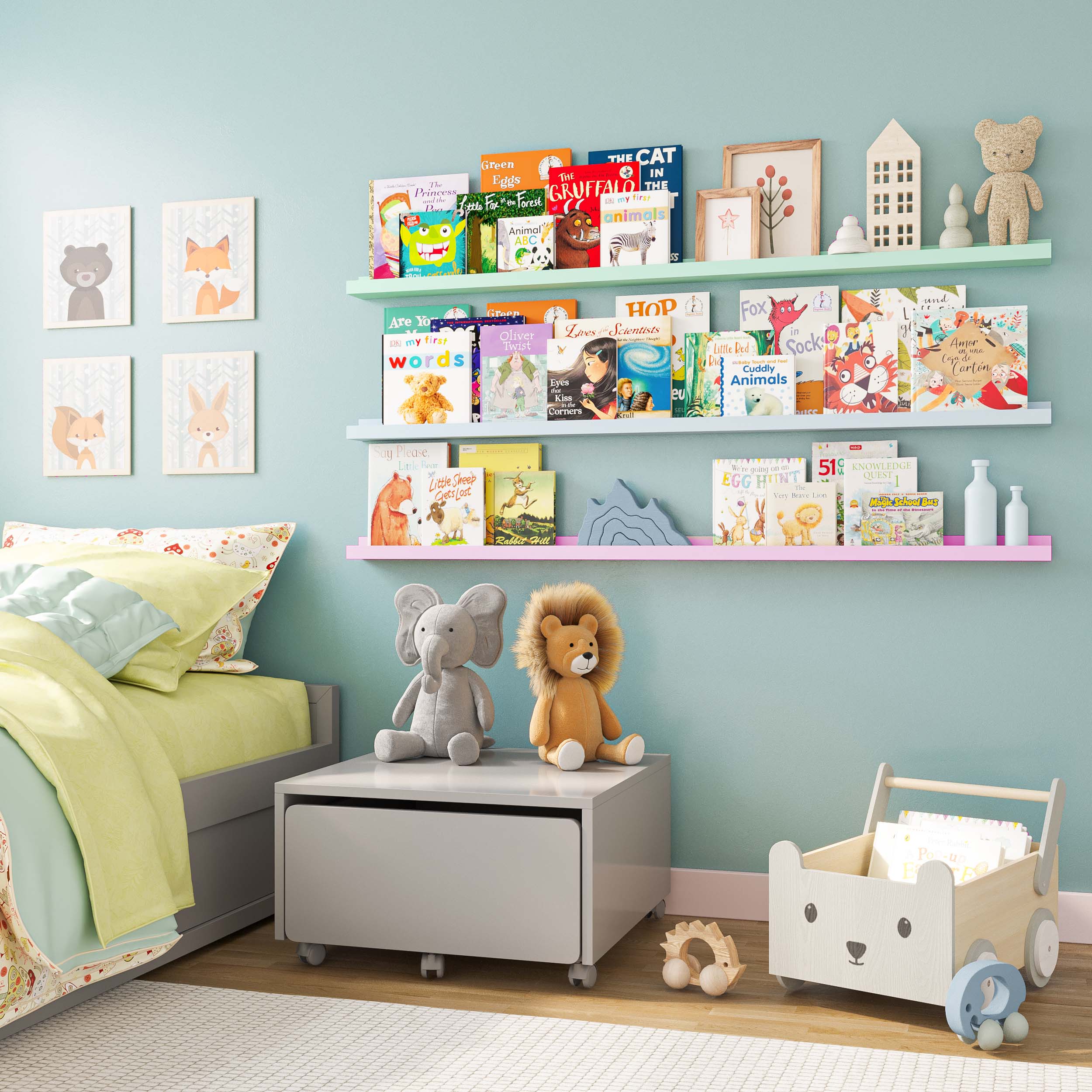 a children's bedroom with pastel-colored wall shelves mounted above the bed and a small play area. The shelves are organized with colorful children's books and a few decorative items such as a teddy bear, wooden houses, and framed art. The shelves are coordinated in soft pastel colors, adding a playful yet calming atmosphere to the room.