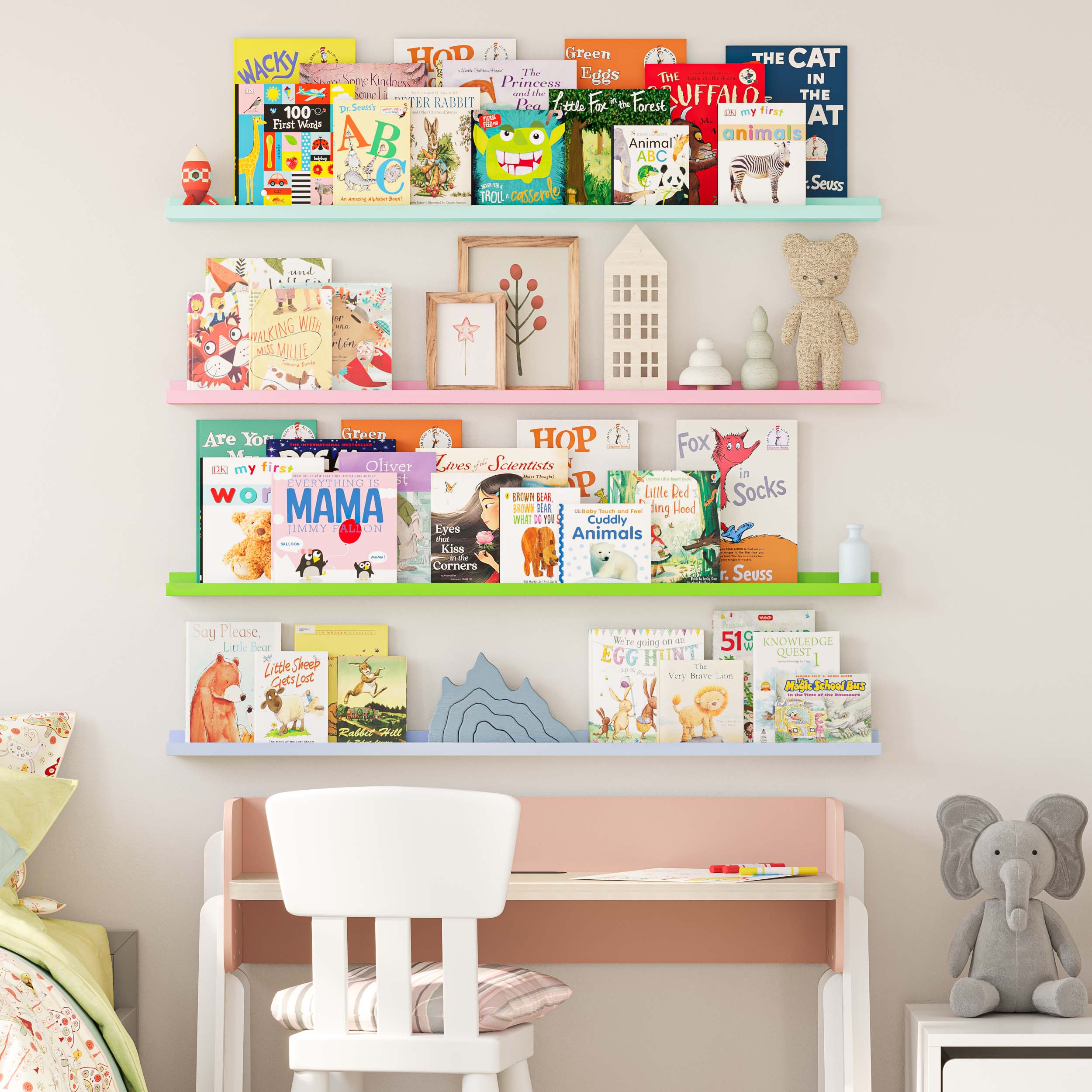 a children's room with four wall-mounted shelves in pastel colors (mint green, pink, green, and light blue). The shelves are filled with books and decor items like framed art and toys. Below the shelves is a small desk with a white chair, creating a tidy and colorful study area for a child.