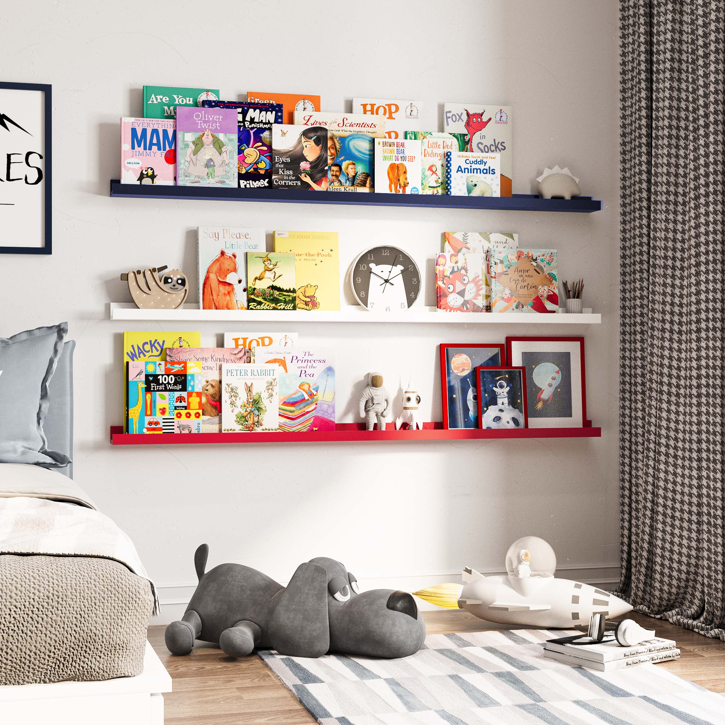 a children's room with three wall-mounted shelves in different colors (blue, white, red) filled with books and decor items like a clock and a sloth lamp. The room has a cozy feel with a plush dog toy on the floor and a bed nearby.