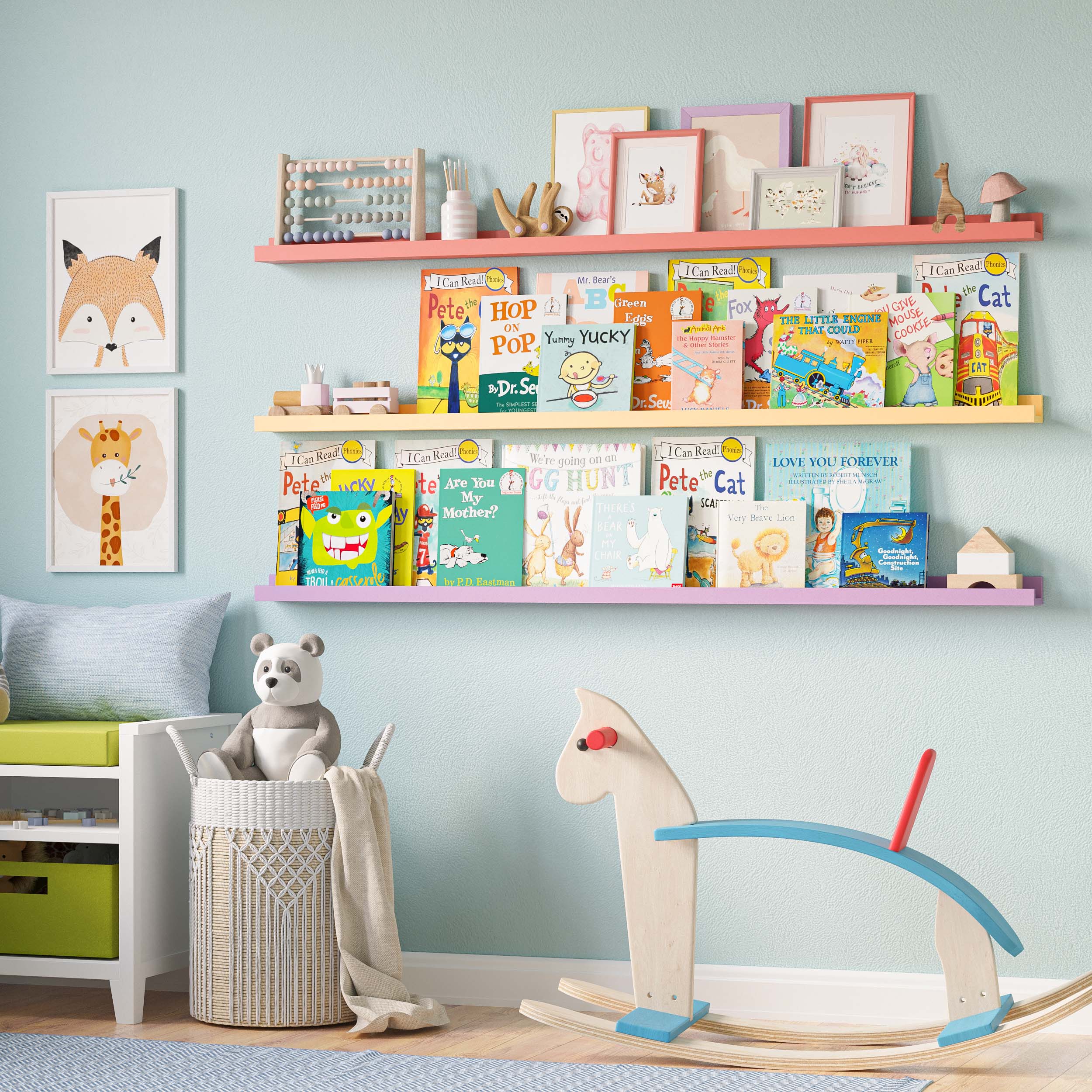 a children's room with three pastel-colored wall-mounted cute toddler shelves (pink, yellow, purple) filled with a variety of children's books. The room also features a wicker basket with a stuffed bear, a rocking horse, and playful wall art, creating a vibrant and cozy reading area for a child.