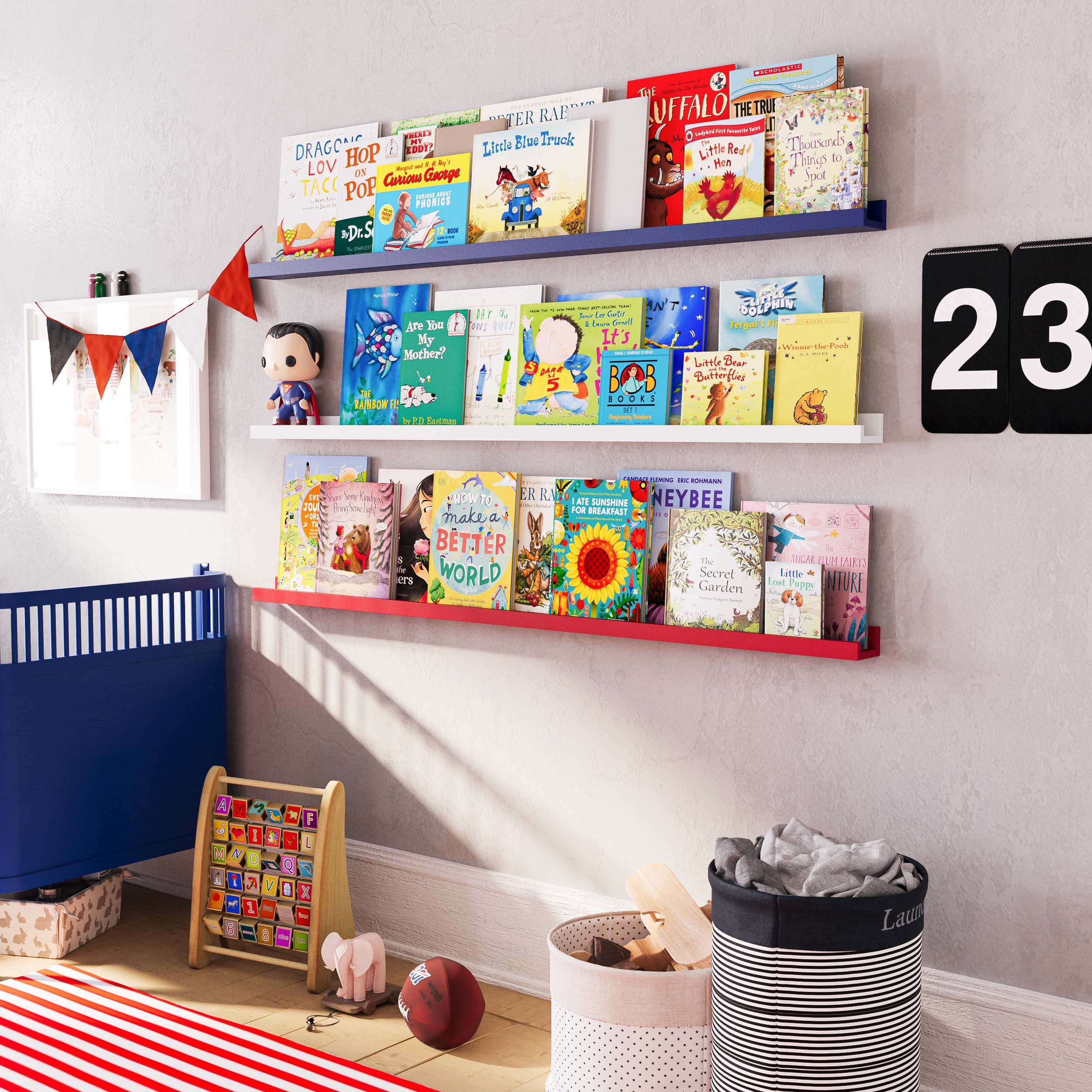 a children's room with three colorful wall-mounted cute kids shelves (blue, white, red) filled with books and a few toys. The room includes a crib, a toy organizer, and a laundry basket, creating a lively and organized space.